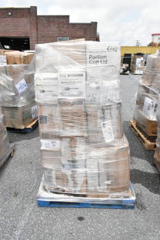 45 BRAND NEW SCRATCH AND DENT! Items Including Choice Individually Wrapped Medium Weight Black Polypropylene Plastic Fork - 1,000/Case, TWIST TIE FOOD BAGS, DEEP DISH PURPLE LIDS, Choice 10 oz. Coffee Break Print Smooth Double Wall Paper Hot Cup - 500/Case, Choice White Extra Heavy Weight Polystyrene Plastic Teaspoon - 1,000/Case, Noble Products Powder-Free Disposable Blue Exam Grade Nitrile 4 Mil Thick Textured Gloves - Large - 1,000/Case, 30 OZ CLEAR CUPS, Choice Red Customizable 2-Ply Beverage / Cocktail Napkin - 250/Pack, Choice Heavy Duty 16 oz. Microwavable Translucent Plastic Deli Container and Lid Combo Pack - 240/Case, Choice 24
