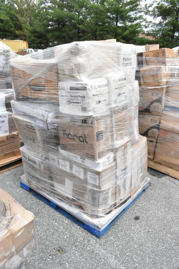 Pallet of assorted disposable tableware, shrink-wrapped, includes boxes of Karat lids and medium-weight forks, new condition.