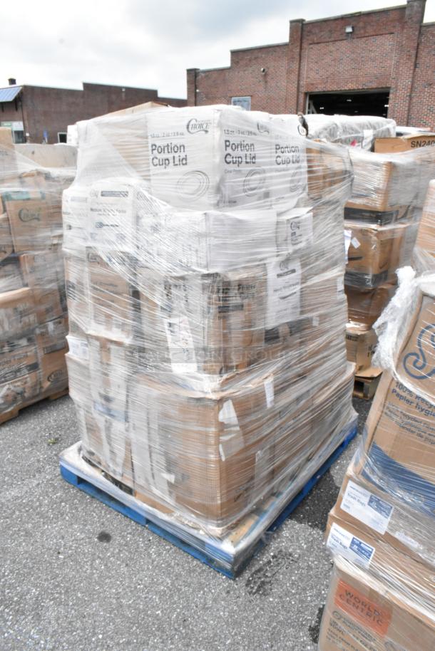 Pallet of boxed portion cup lids, wrapped in plastic, labeled "Choice." New condition, ready for shipping or storage.