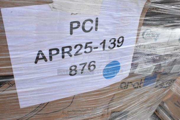 Pallet wrapped in plastic featuring a label marked "PCI APR25-139 876" with a blue dot, indicating inventory details.
