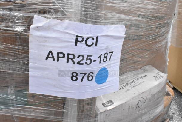Pallet wrapped with plastic, labeled "PCI APR25-187 876." Contains boxes marked "Medium Weight Paper Cups."
