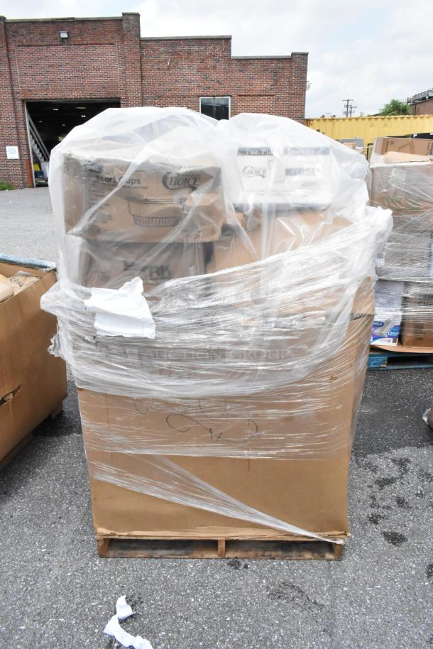 Pallet wrapped in plastic containing boxes labeled "Choice" and "Dessert Cups," indicating unused food service items.