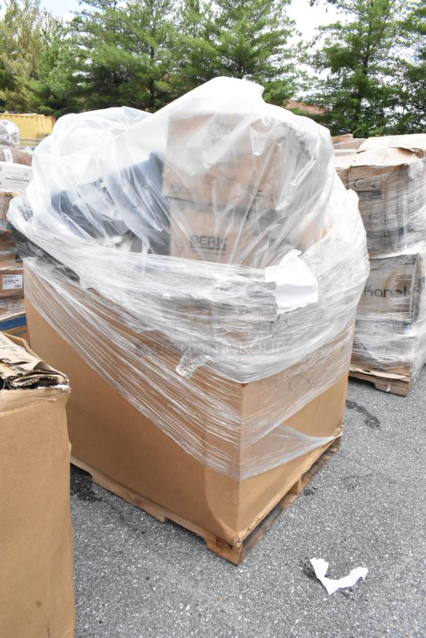 Cardboard box on pallet wrapped in plastic. Contains boxes labeled "Berkley." Outdoors, some wear visible on packaging.