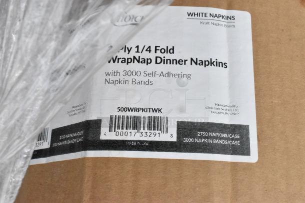Box of 2-ply 1/4 fold dinner napkins with 3000 self-adhering bands. Contains 2750 napkins. Label shows barcode and manufacturer info.