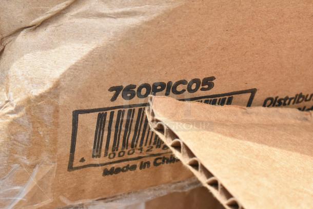 Close-up of a cardboard box featuring the code "760PIC05," a barcode, and "Made in China" label, indicating origin.