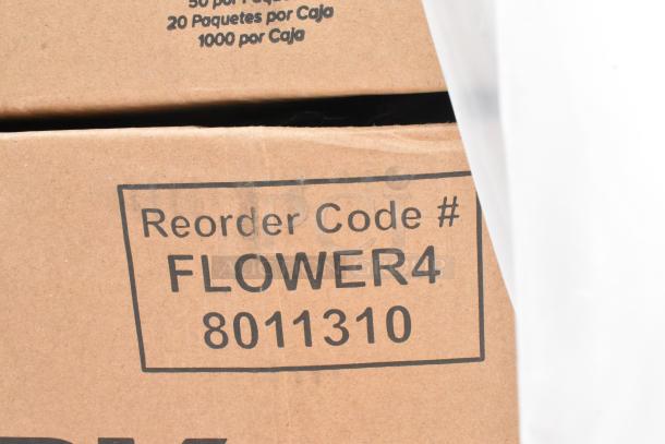 Cardboard box with "Reorder Code # FLOWER4 8011310" printed on it. Contains 1000 units per box.