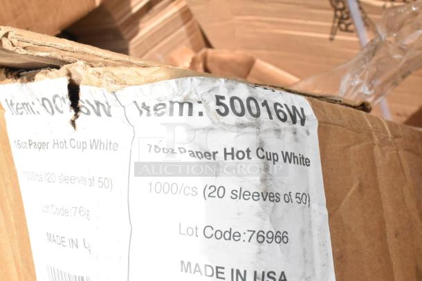 Box of 16oz paper hot cups, item 50016W, 1000 count, Lot Code 76966, Made in USA, visible on worn packaging.