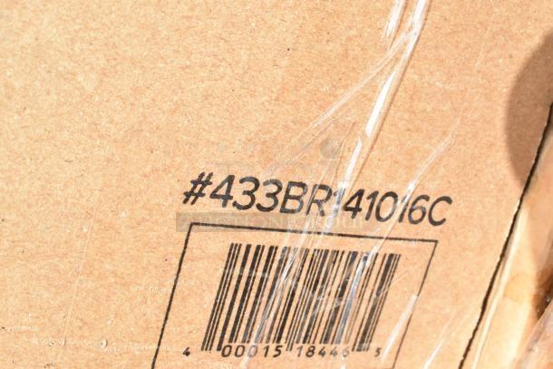 Cardboard box with label #433BR141016C and a barcode. Brown packaging with clear wrapping.