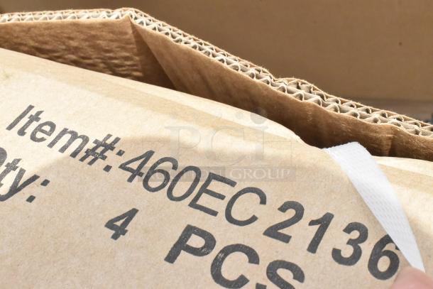 Close-up of a cardboard box with the markings "Item#: 460EC2136" and "Qty: 4 PCS." The box's top is partially open.