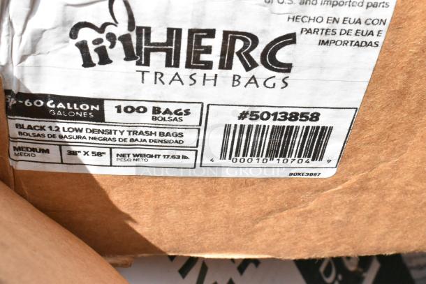 Li'l Herc Trash Bags, 55-60 gallon, 100 count. Black, low-density, 38"x58", net weight 17.63 lb. Item #5013858.