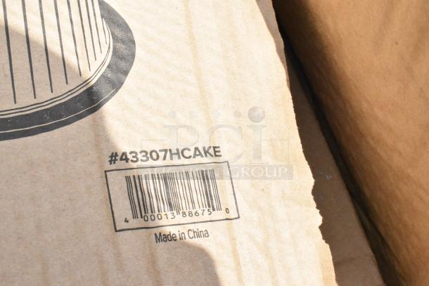 Close-up of cardboard packaging with barcode and "#43307HCAKE" label. Text indicates item is made in China.