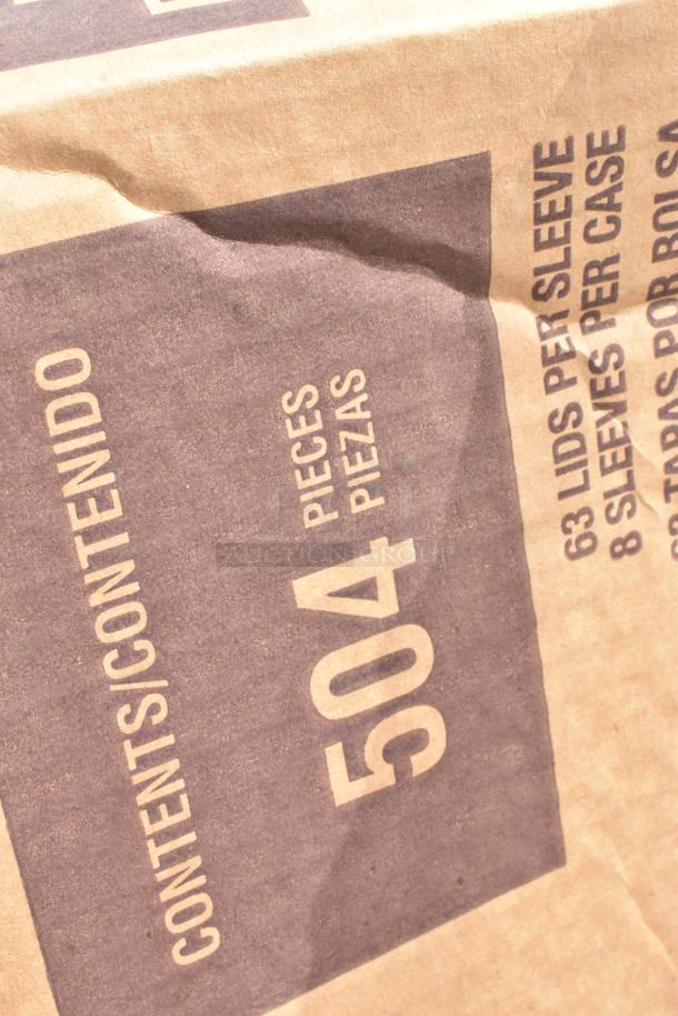 Brown packaging with "504 Pieces" label, indicating contents. Marked for 63 lids per sleeve, 8 sleeves per case.