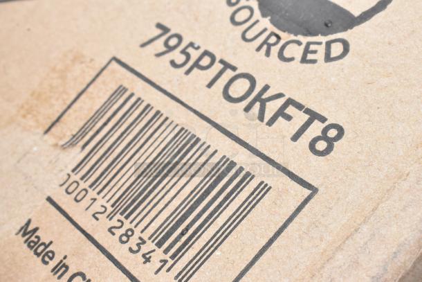 Close-up of a cardboard box with a barcode and text "795PTOKFT8." Label indicates "Made in China" and "Sourced."
