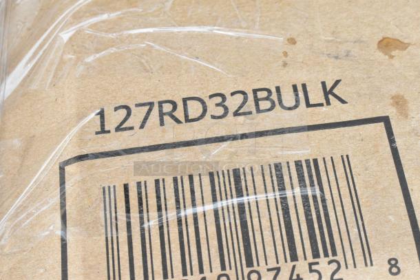 Close-up of a cardboard box with a printed barcode and the text "127RD32BULK," indicating bulk packaging.