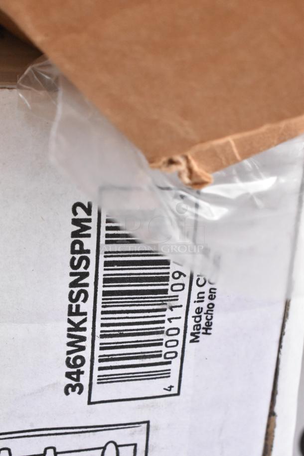 Cardboard box with barcode 346WKFSNSPM2, partially open. Indicates "Made in China." Box appears slightly damaged.