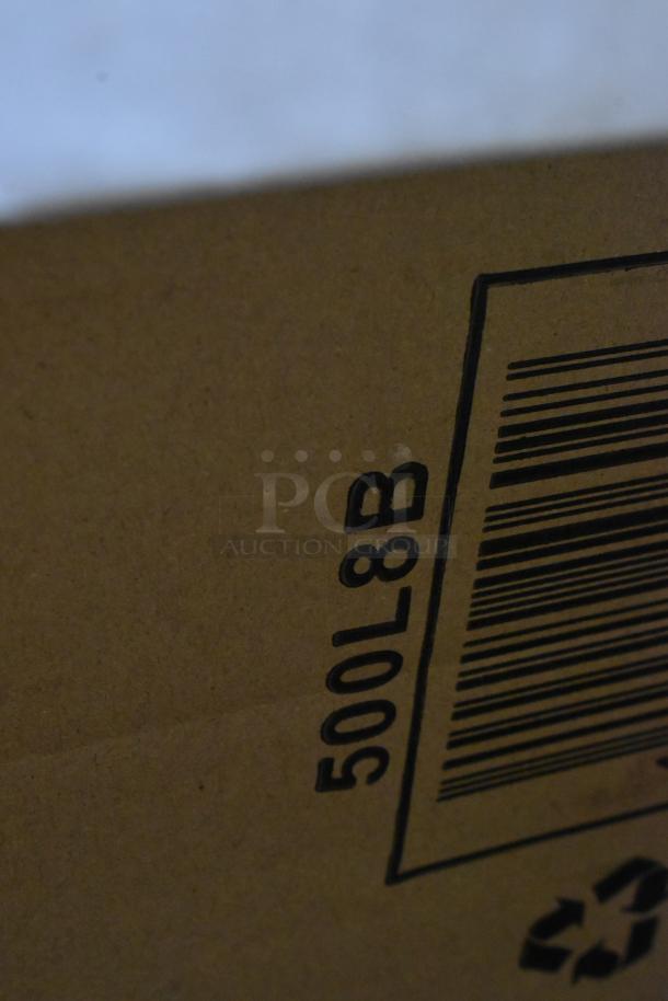 Close-up of a cardboard box showing a partial barcode and the number "500L8B" printed in black.