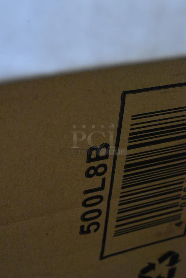 Close-up of a cardboard box showing a barcode and the code "500L8B."