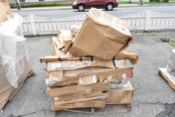 Damaged cardboard boxes stacked on a wooden pallet, with visible shipping labels indicating contents and origin.