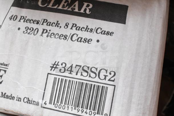 Cardboard box label showing 40 pieces per pack, 8 packs per case, totaling 320 pieces. Barcode #347SSG2. Made in China.