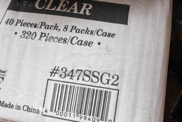 Cardboard box labeled "CLEAR," containing 320 pieces per case, 40 pieces per pack, 8 packs total. Marked #347SSG2, with barcode. Made in China.
