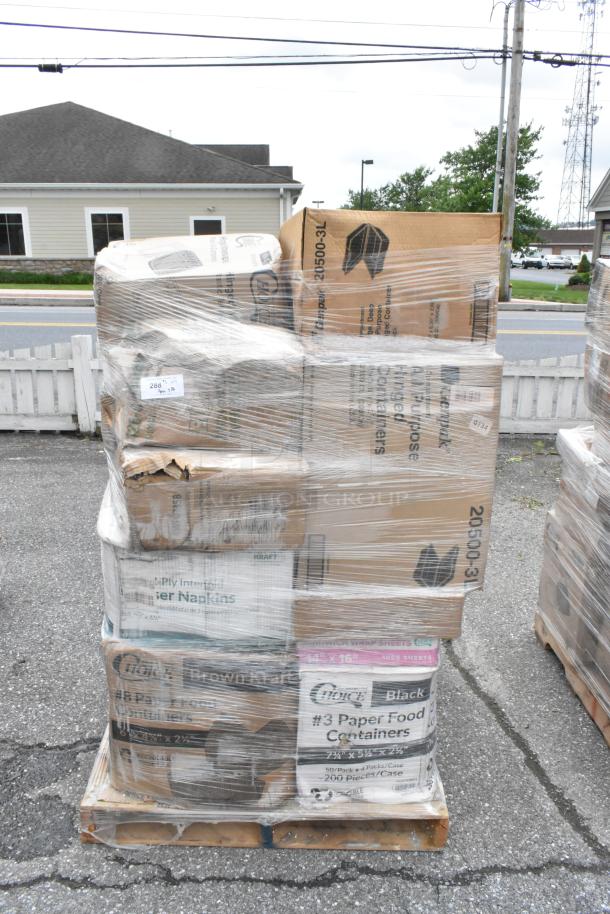 Pallet of assorted boxed items, including paper food containers and napkins, wrapped in plastic, labels visible.