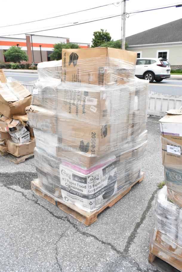 Pallet of assorted cardboard boxes, wrapped in plastic. Boxes labeled "3 Paper Food Containers" and "Team Black."