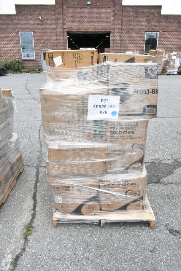 Pallet of boxed 24 oz clear PET plastic cold cups, wrapped in plastic. Visible label reads "PCI APR25-188 876."
