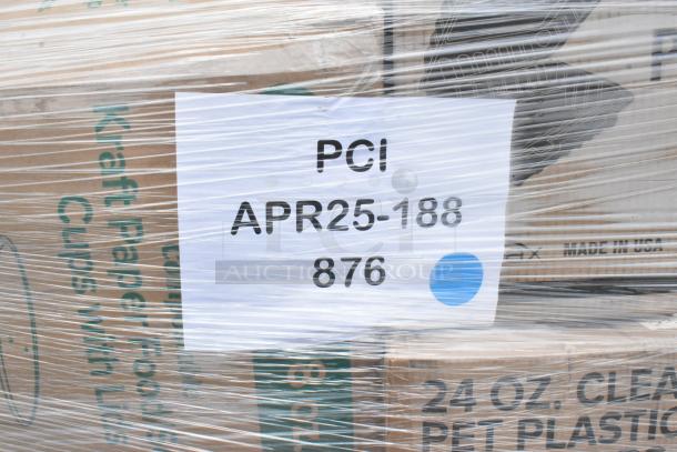 Pallet wrapped in plastic containing boxes labeled "24 oz. Clear PET Plastic" with tag reading "PCI APR25-188 876."