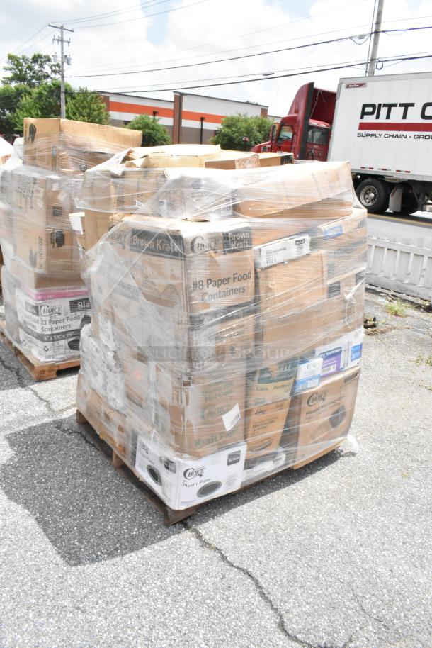 Pallet of boxed paper food containers and plastic plates, shrink-wrapped for shipping. Visible labels include "Brown Kraft" and "Choice."