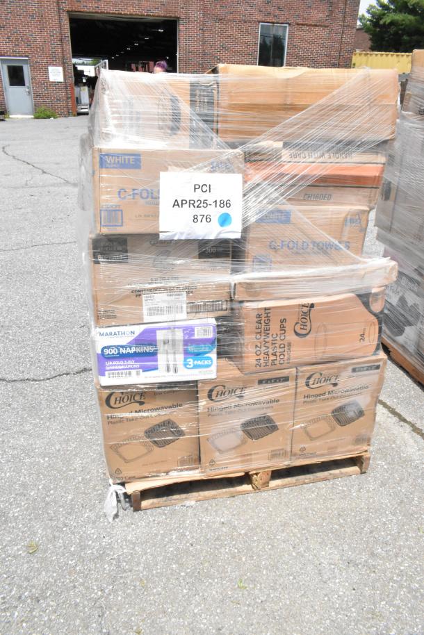 Pallet of assorted packaged goods, including C-fold towels, napkins, and plastic take-out containers, wrapped in plastic. Tag PCI APR25-186 876.