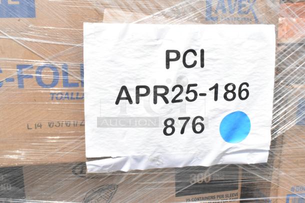 Pallet of Lavex paper towels wrapped in plastic, labeled "PCI APR25-186 876" with a blue dot.