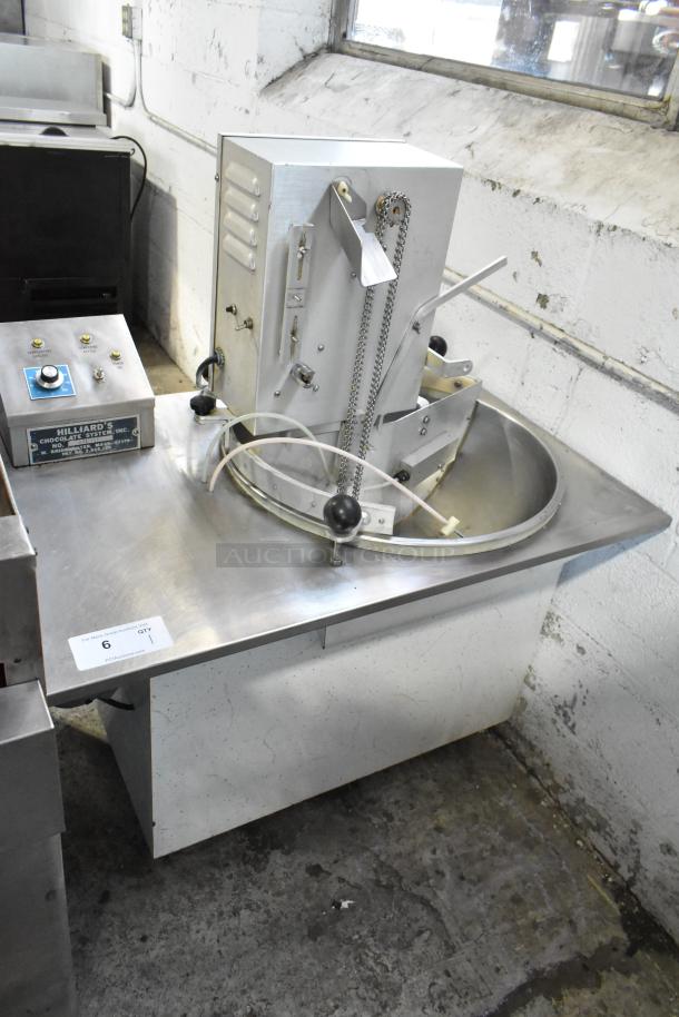 Hilliard's chocolate melting machine, stainless steel, includes control box, fair condition, visible chains and levers.