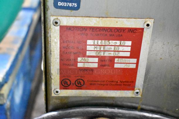 Motion Technology appliance label displaying model MTI-10, serial 11485-10, manufactured October 2002, 240V, 4800W, 20A.