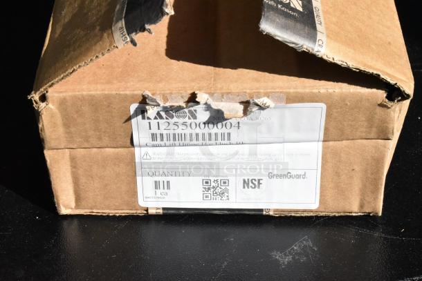 Kason Cam Lift Hinge in damaged box, model 11255000004, quantity 1, with NSF and GreenGuard labels visible.