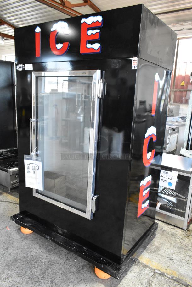 Black commercial ice merchandiser, model Leer, glass door, snow-capped "ICE" lettering, includes usage label, excellent condition.