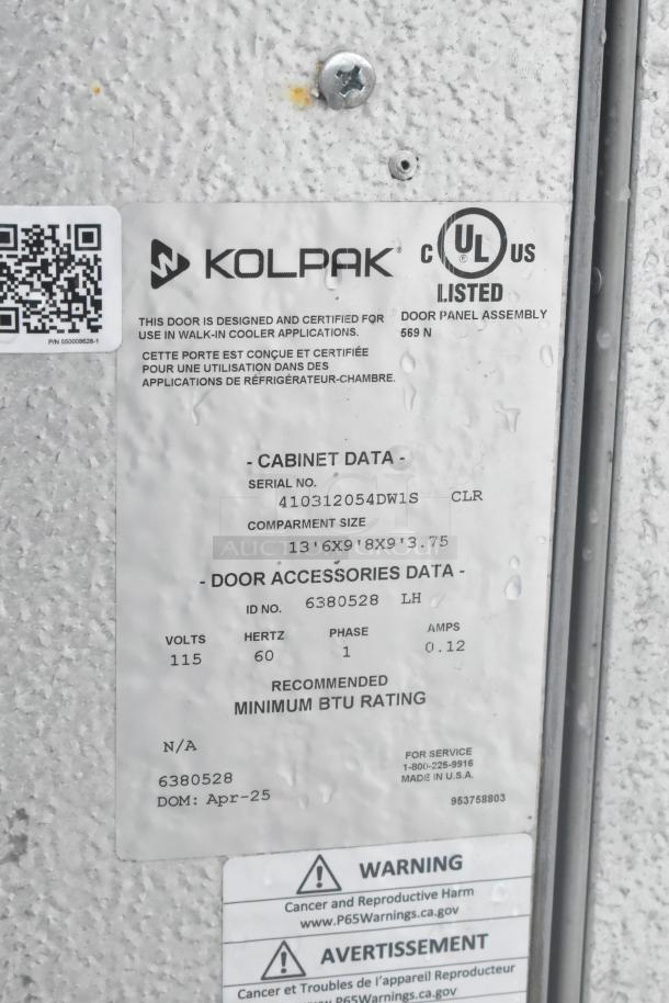 Kolpak walk-in box refrigerator label for Domino's, showing dimensions, serial number 410312054DW1S, UL certification, and warnings.