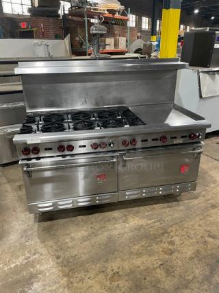 Wolf Challenger Series Commercial Stainless Steel Natural Gas Powered 8 Burner/Flat Griddle Split Top Range & Double Oven Combo! With Back Splash & Overhead Salamander Shelf! With Wired Oven Rack! Model: C68D-918 SN: 657010585! On Legs!
