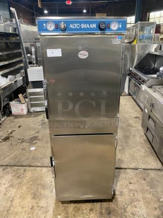Alto-Shaam Halo-Heat Series Commercial Stainless Steel Dutch Door Dual-Compartment High-Volume Heated Holding Cabinet! With Chrome Plated Wire Racks! Model: 1200-UP/SH SN: 235006-0903! 208-240V! On Casters! - Item #1191651