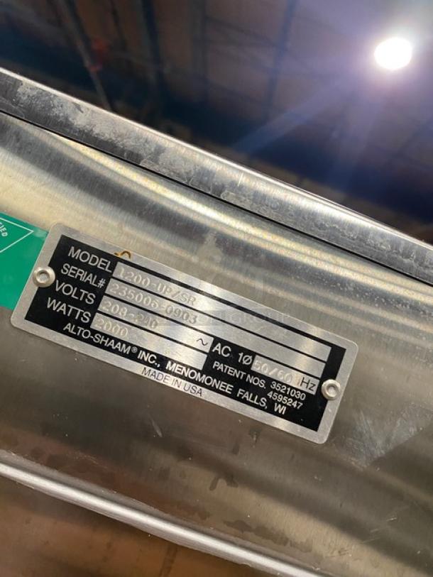 Alto-Shaam warming unit model 1200-UP/SR, serial 2350003-0903, 208-240 volts, 2000 watts, stainless steel, made in USA.
