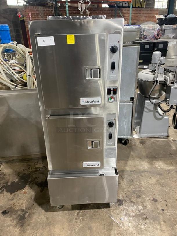Cleveland stainless steel steamer, dual compartments, model with manual controls, good condition, ID tag visible.