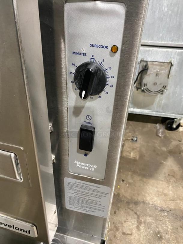 Cleveland SteamCraft Power 10 commercial steamer with timer dial and SureCook indicator, stainless steel, used condition.