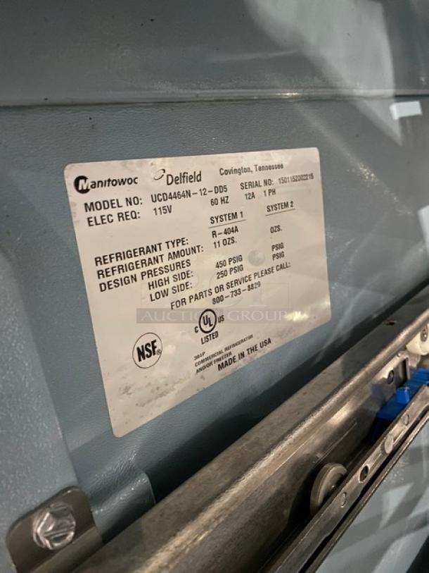 Delfield refrigeration unit model UCD4464N, 115V, uses R-404A refrigerant. NSF, UL listed. Made in USA.