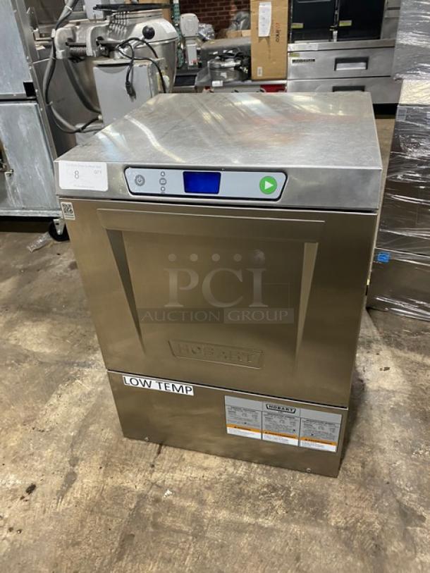 Hobart commercial dishwasher, stainless steel, low temp model, digital controls, used condition, visible operational labels.