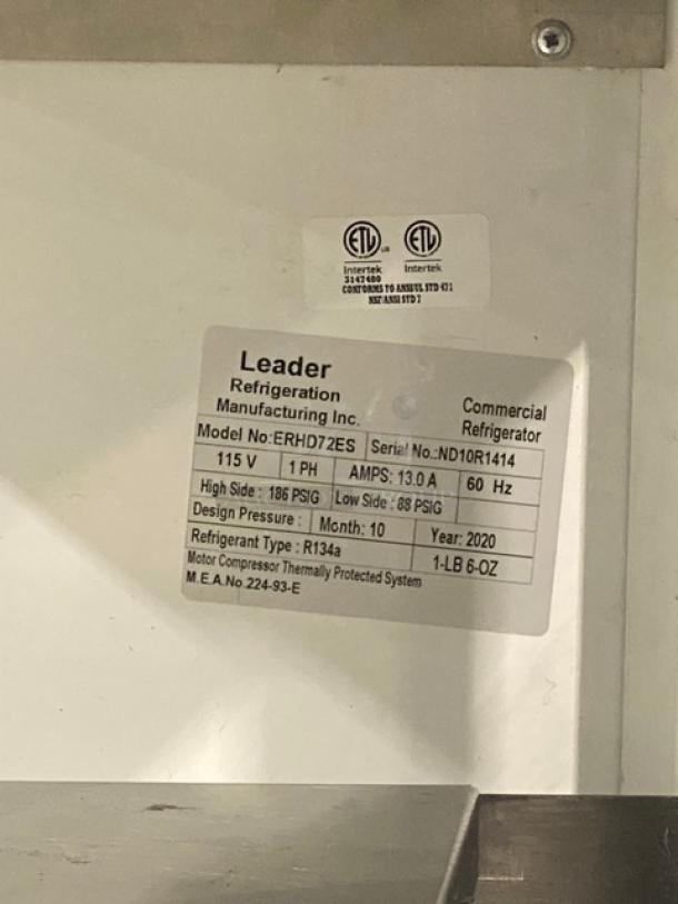 Leader commercial refrigerator label, model ERHD72ES, serial NDR14141, 115V, 13.0A, year 2020, refrigerant R134a.
