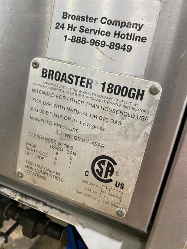 Broaster 1800GH commercial gas fryer label, for non-household use, 65,000 BTU/hr, CSA certified, service hotline visible.