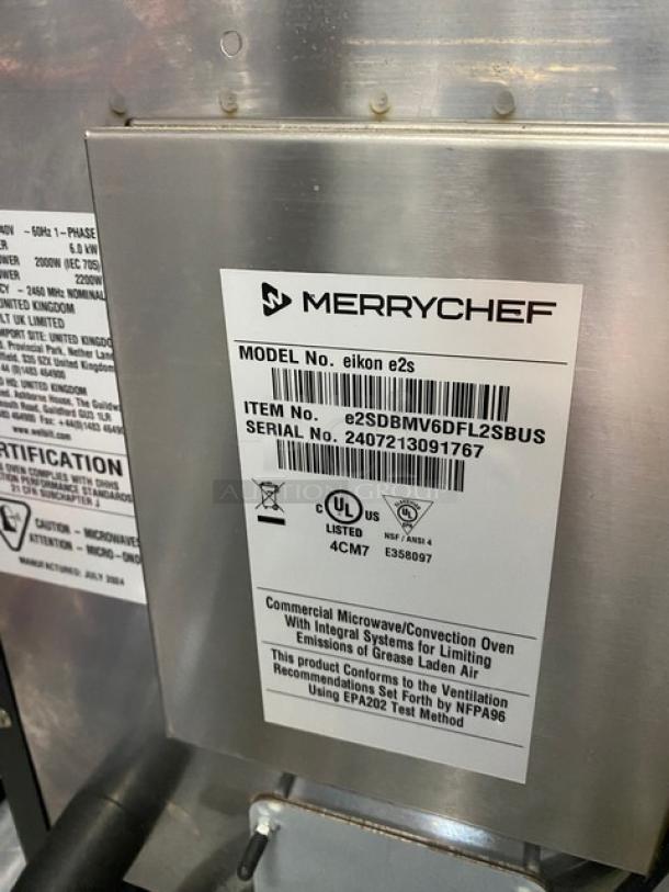 Merrychef commercial microwave/convection oven, model eikon e2s. Serial no. 2407213091767. UL listed, stainless steel.