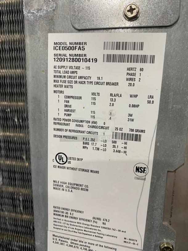 Commercial ice maker label, Model ICE0500FA5, Serial 12091280010419. Voltage 115, Hertz 60. UL and NSF certified. Mile High Equipment Co.