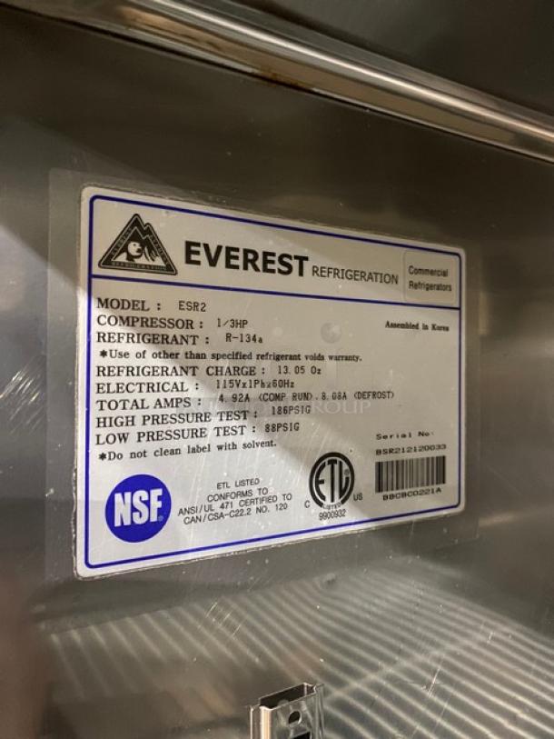 Everest Refrigeration label, model ESR2, 1/3 HP compressor, R-134a refrigerant, NSF and ETL certified, made in Korea.