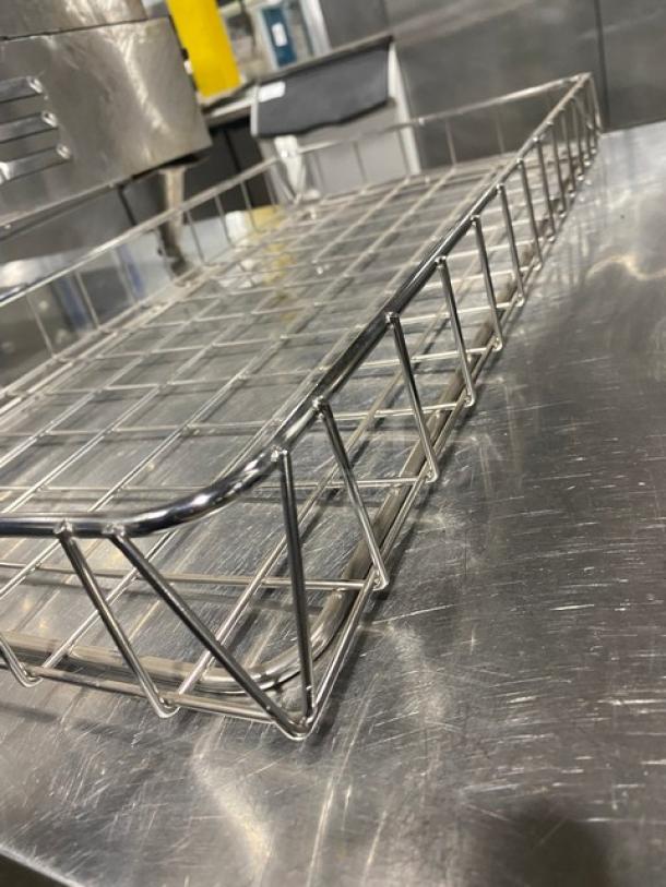Stainless steel wire mesh basket, rectangular, in excellent condition, suitable for industrial or kitchen use.