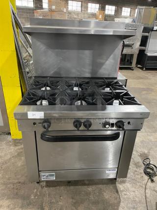 Southbend Commercial Stainless Steel Natural Gas Powered 6 Burner Range/Oven Combo! With Back Splash & Overhead Salamander Shelf! With Wired Oven Rack! On Legs! - Item #1191698